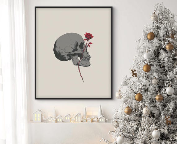 Minimalist Gray Skull with Red Rose Modern Gothic Halloween Poster