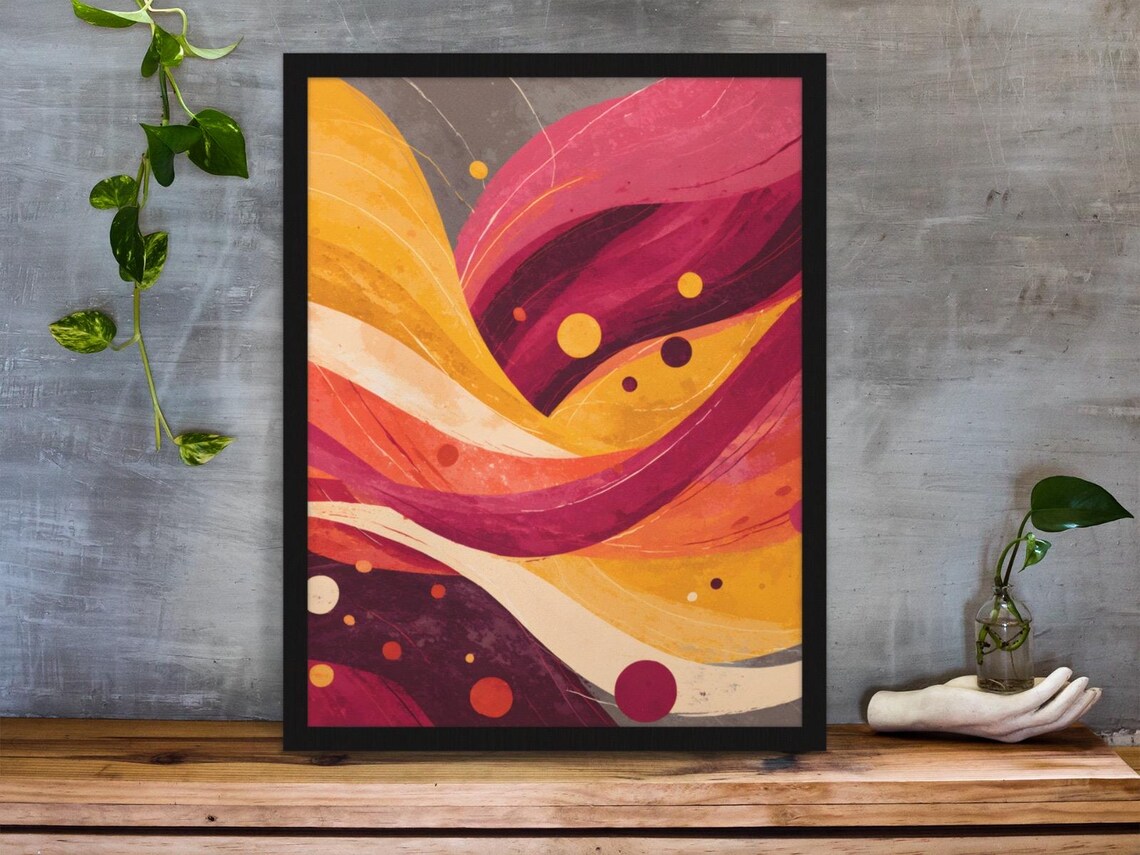 Sunset Waves Abstract Art Print in Magenta and Warm Amber Tones