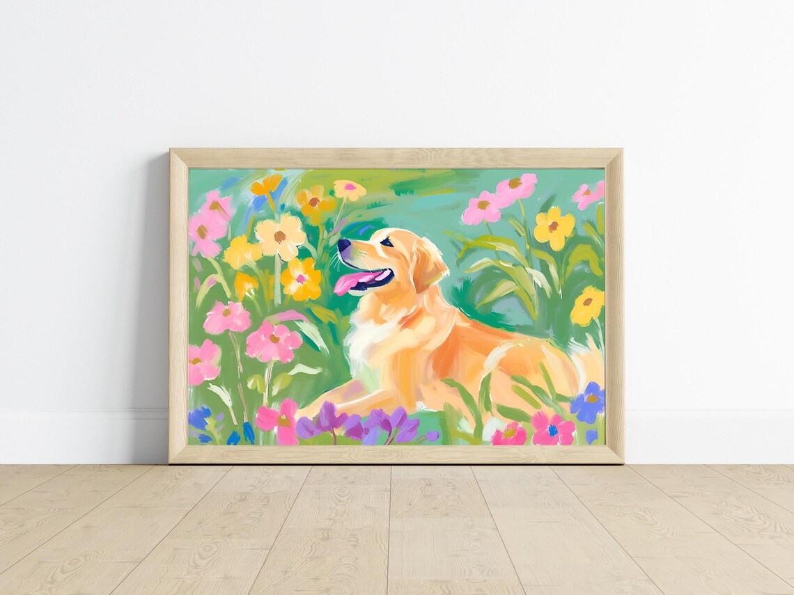 Cute Sleeping Puppy Golden Retriever, Floral Pet Portrait