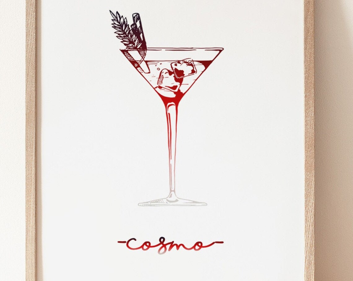 Cosmopolitan Cocktail Minimalist Martini Glass Poster Red Line Art Bar Decor - Image 2
