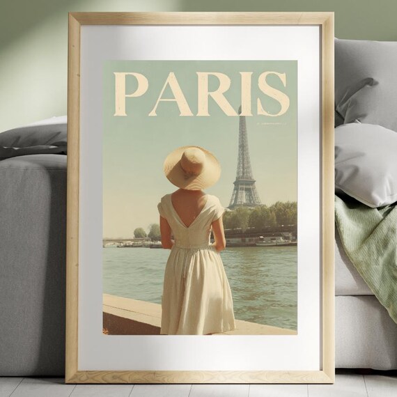 Paris Vintage Travel Poster Woman In White Dress By The Seine