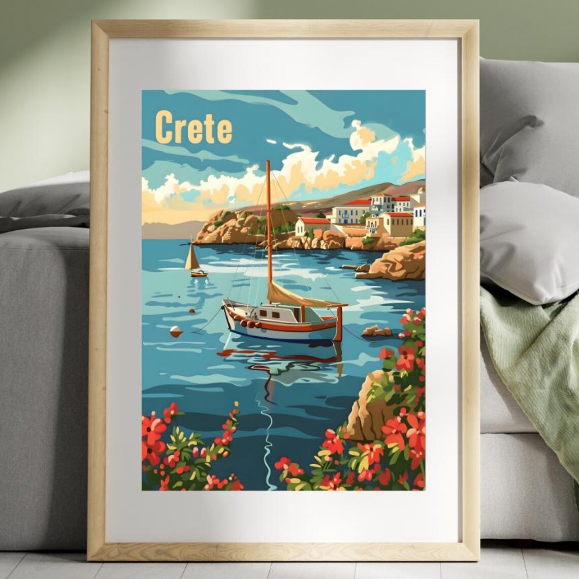Crete Retro Vintage Travel Poster Sailboat Bay Greek Village Art