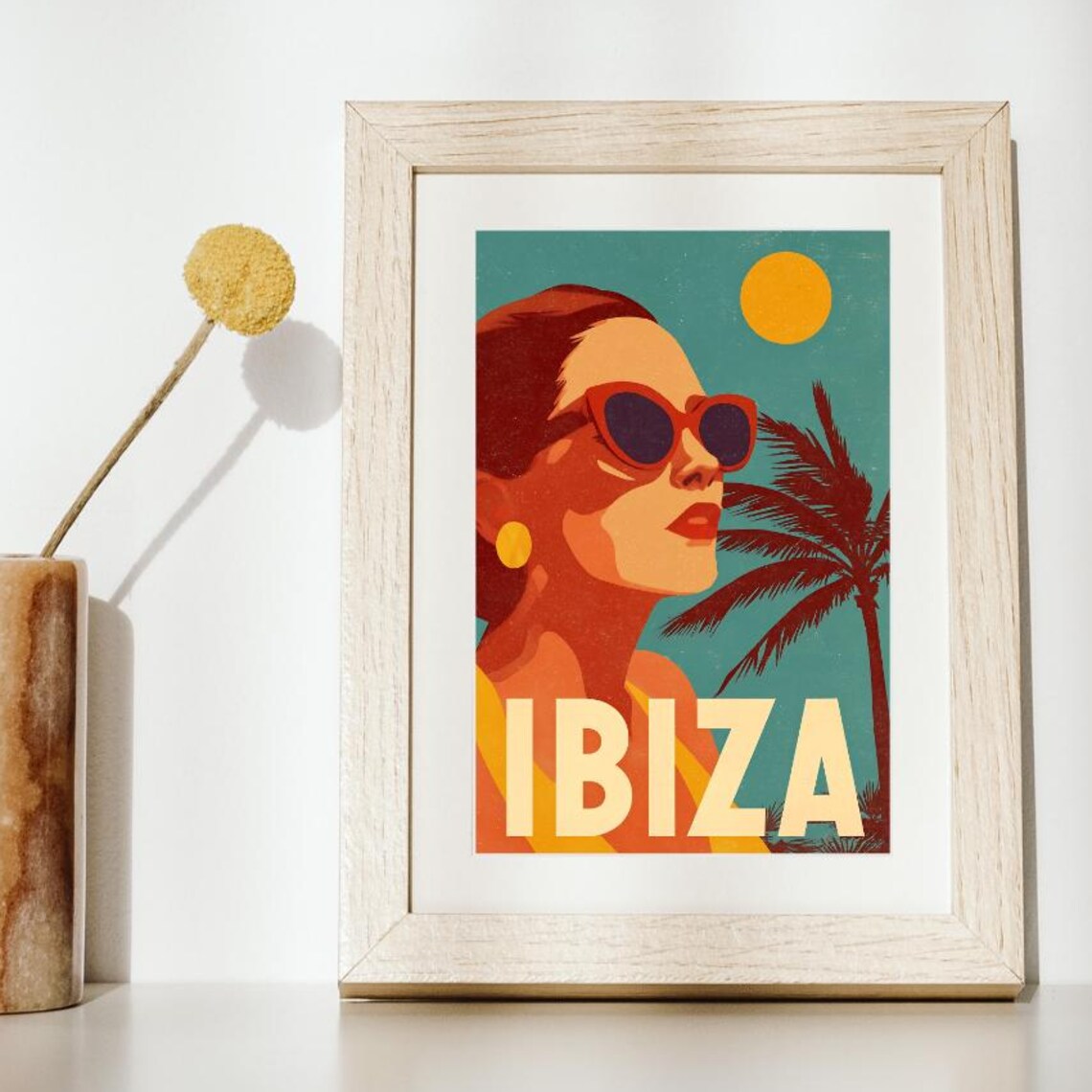 Ibiza Vintage Travel Poster Woman Sunglasses Palm Retro Style