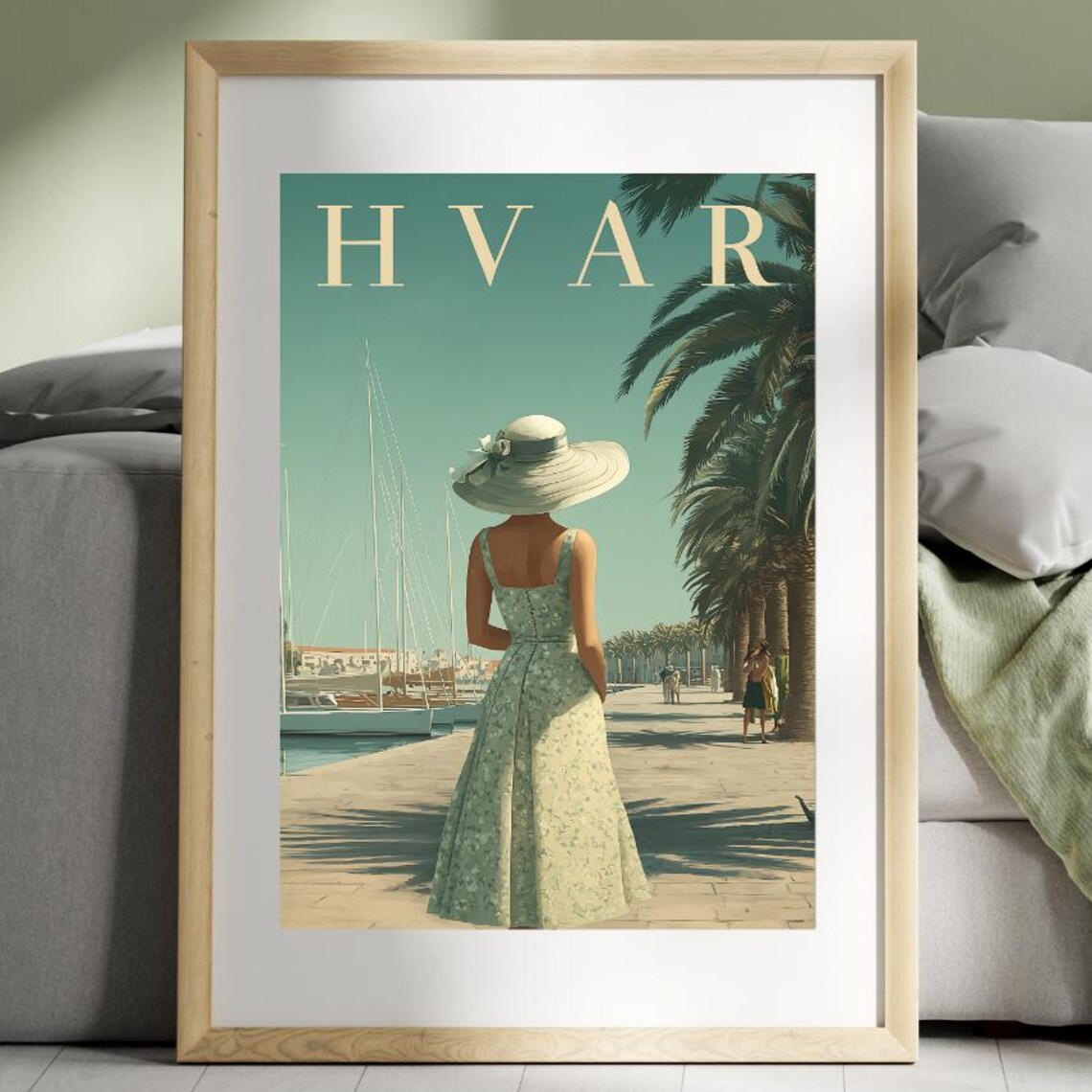 Hvar Croatia Vintage Travel Style Woman Marina Promenade Harbor Poster