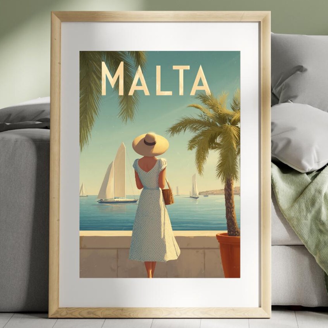 Malta Harbor Vintage Travel Style Woman Sailboats Palm Terrace Poster