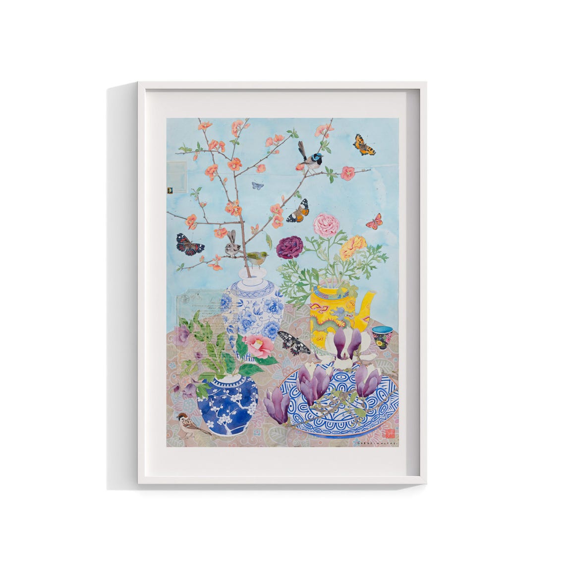 Chinoiserie Watercolor Flowers, Antique Still Life Art Print