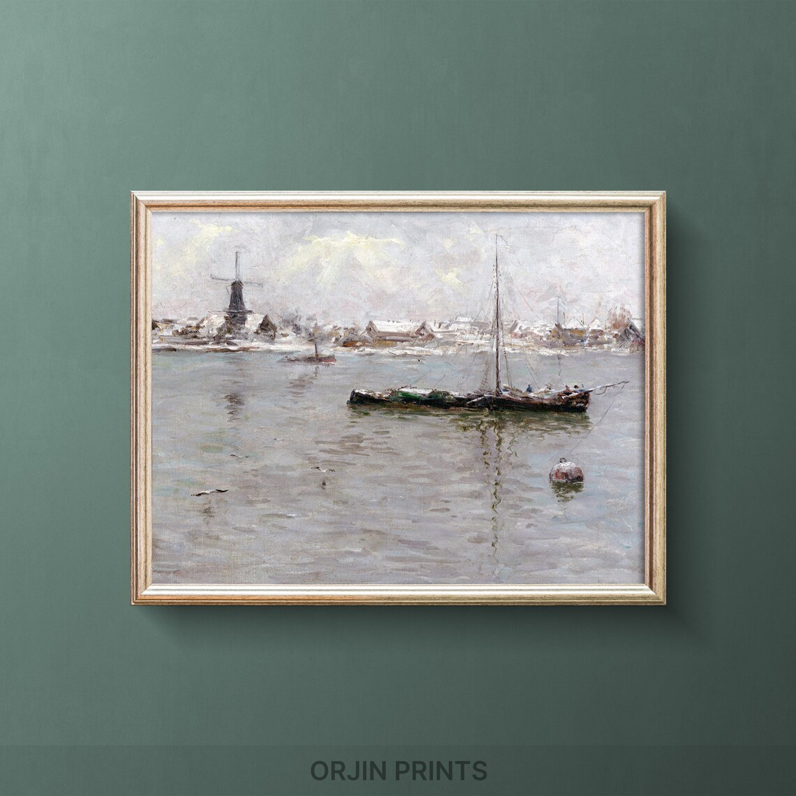 Snowy Winter Harbor Windmill Sailboat Vintage Painting Style Poster