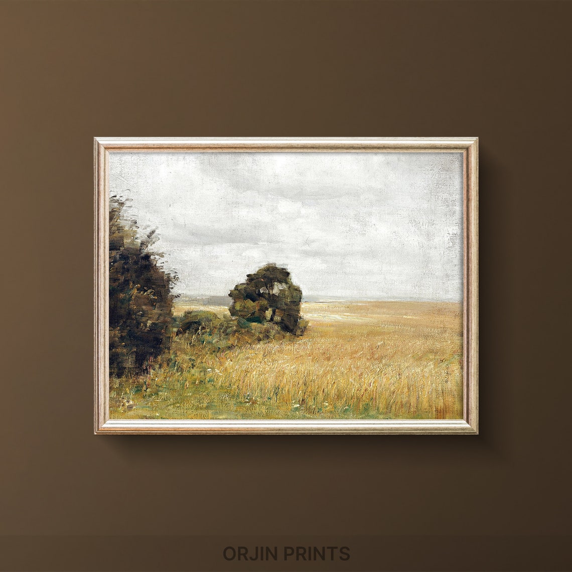 Golden Wheat Field Trees Cloudy Sky Vintage Landscape Style Poster