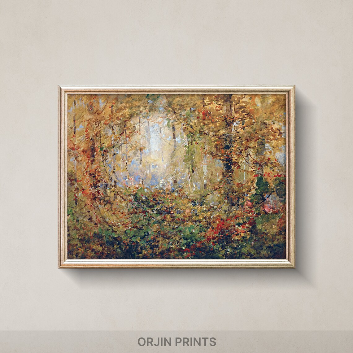Sunlit Autumn Forest Interior Golden Canopy Impressionist Painting Poster