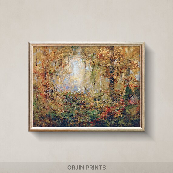 Sunlit Autumn Forest Interior Golden Canopy Impressionist Painting Poster