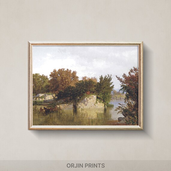 Autumn River Bend with Reflections Rustic Riverside Landscape Painting Poster