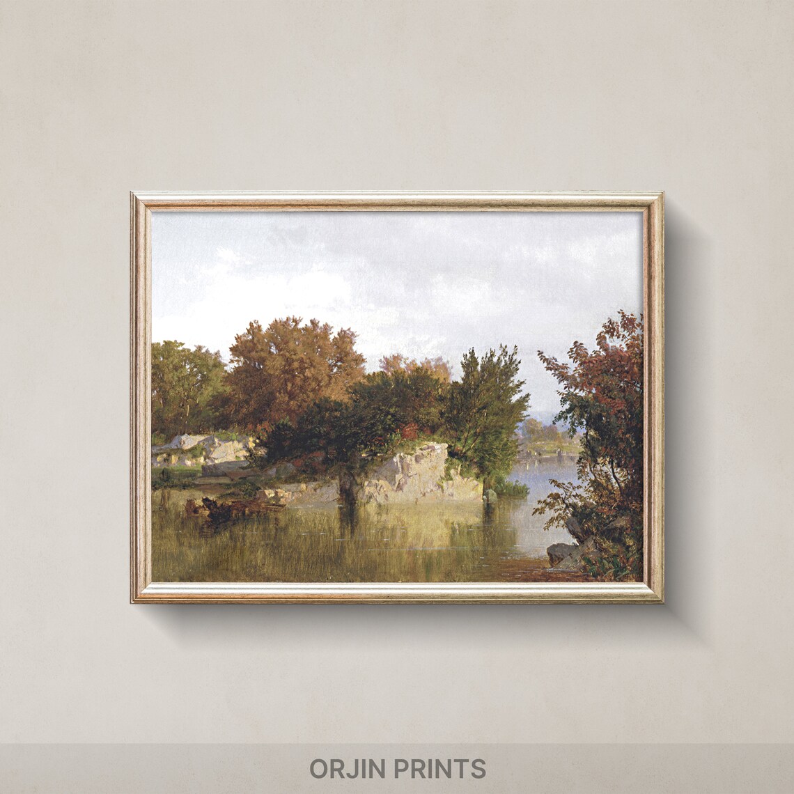 Autumn River Bend with Reflections Rustic Riverside Landscape Painting Poster
