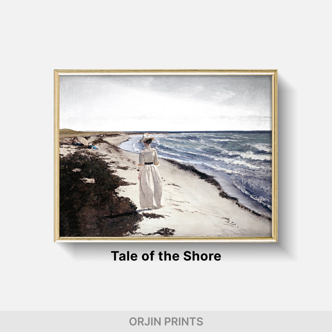 Woman In White Dress On Beach Vintage Coastal Painting Style Print - Image 2