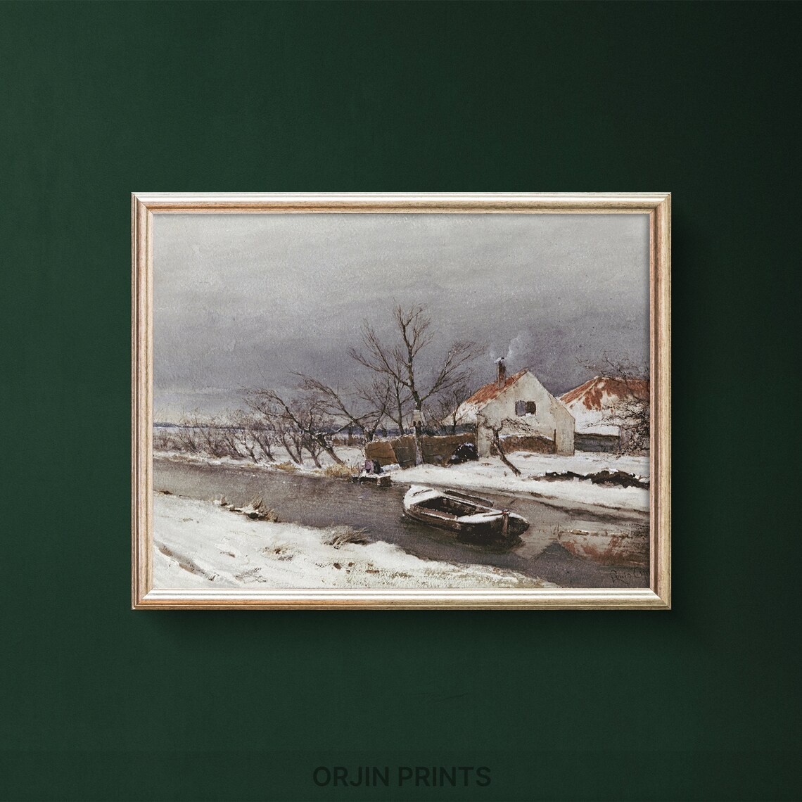 Snowy Canal Rowboat Winter Cottage Landscape Vintage Art Poster