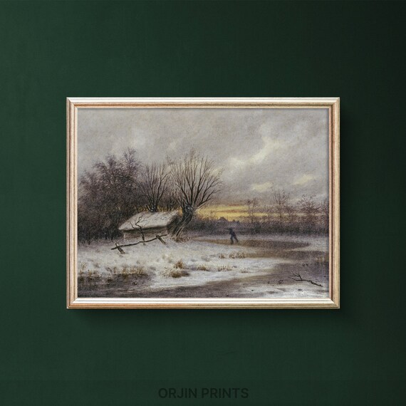 Winter Wonderland Snowy Cabin Frozen Pond Golden Dusk Vintage Art Print