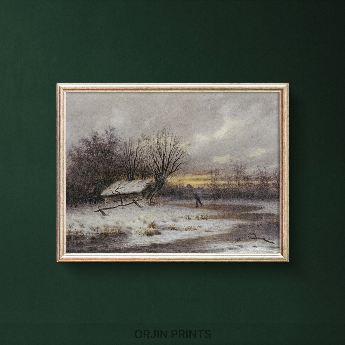 Winter Wonderland Snowy Cabin Frozen Pond Golden Dusk Vintage Art Print