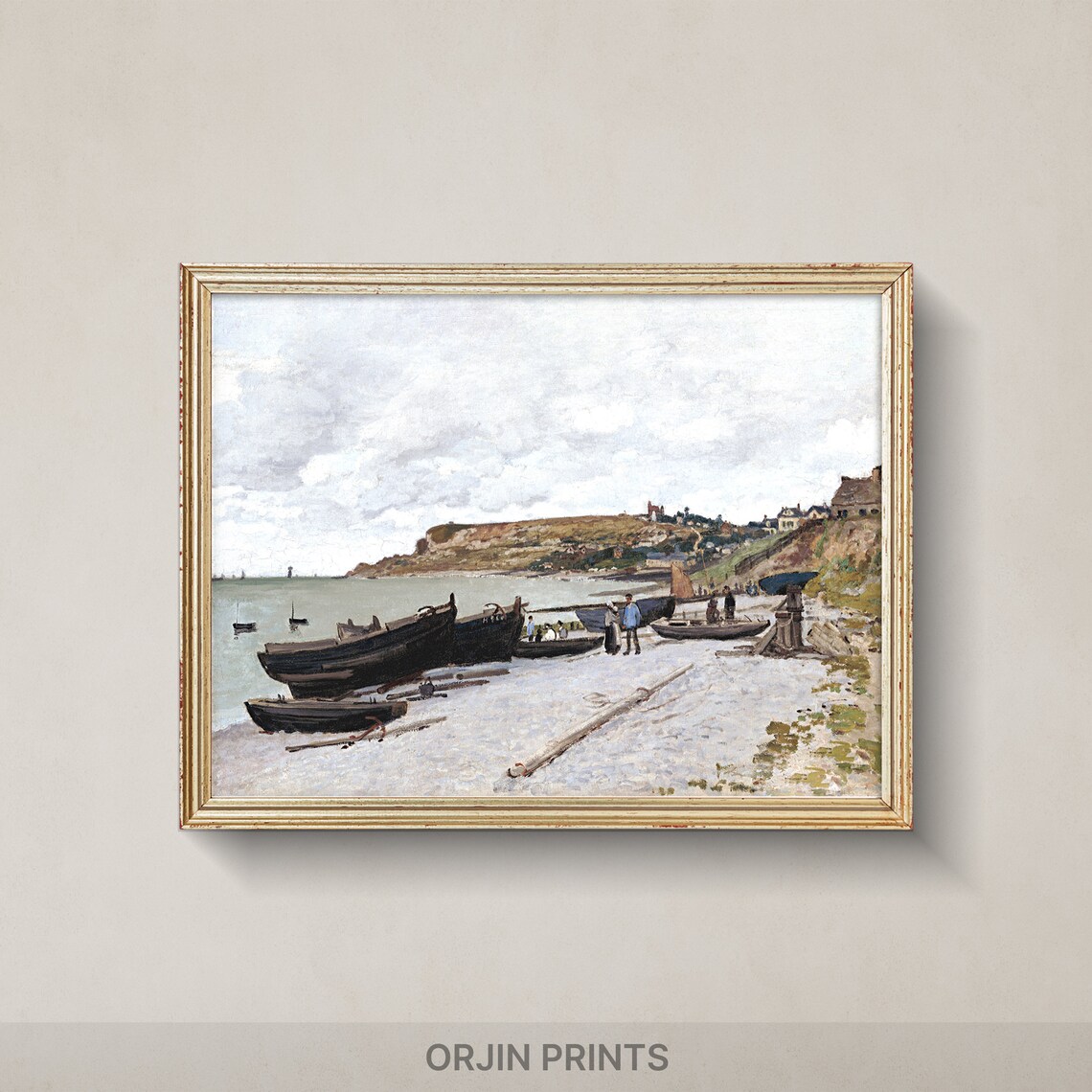 Beached Fishing Boats Rocky Shore Cliffs Vintage Coastal Art Poster