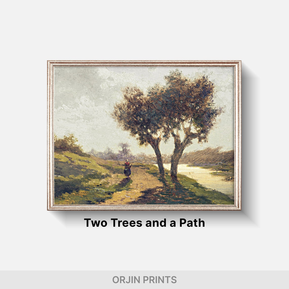 Tranquil Countryside Print Two Trees And A Path Nature Art Peaceful River Landscape Decor Orjin Prints 214 - Image 2