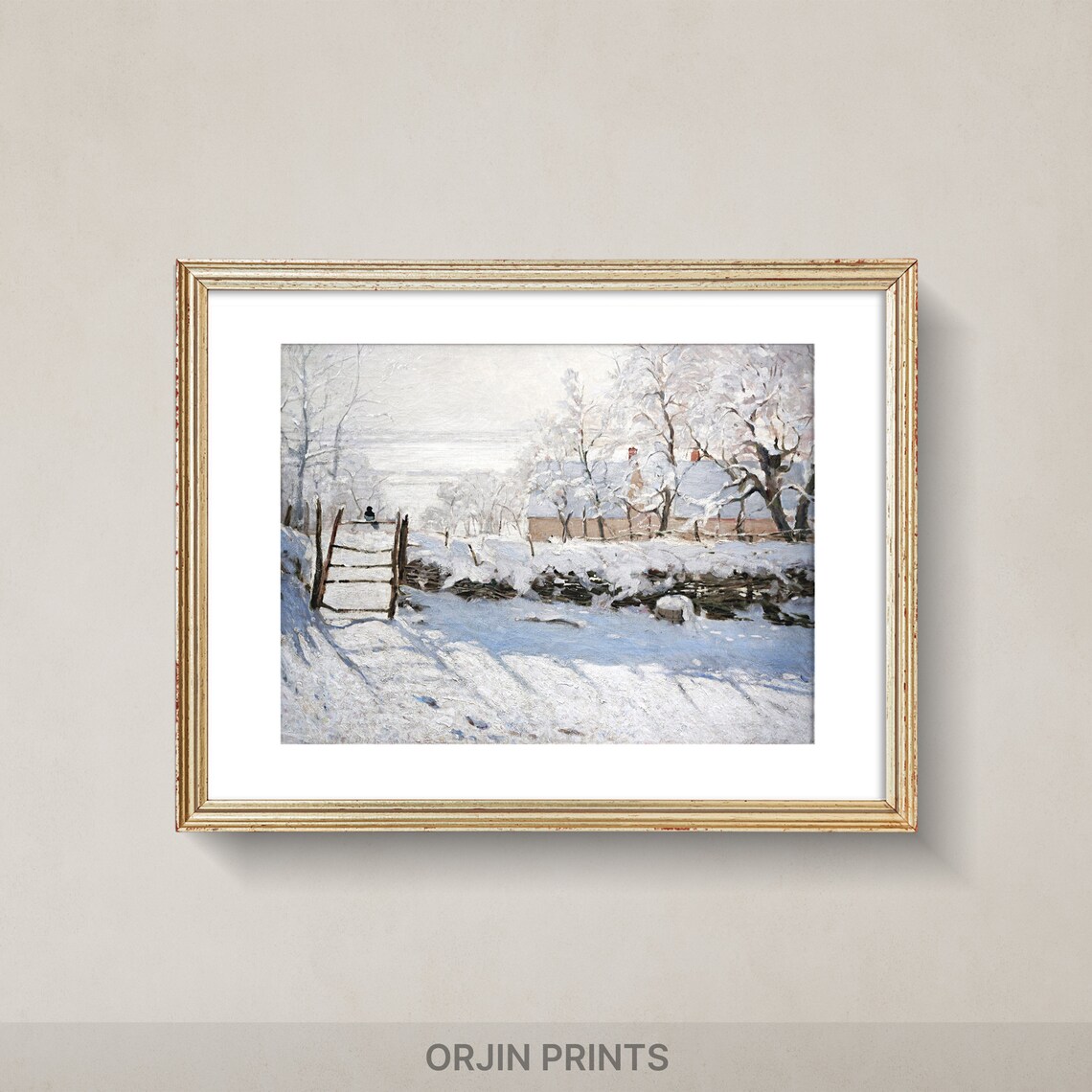 Snowy Farm Gate with Sunlit Trees Bright Impressionist Winter Painting Poster