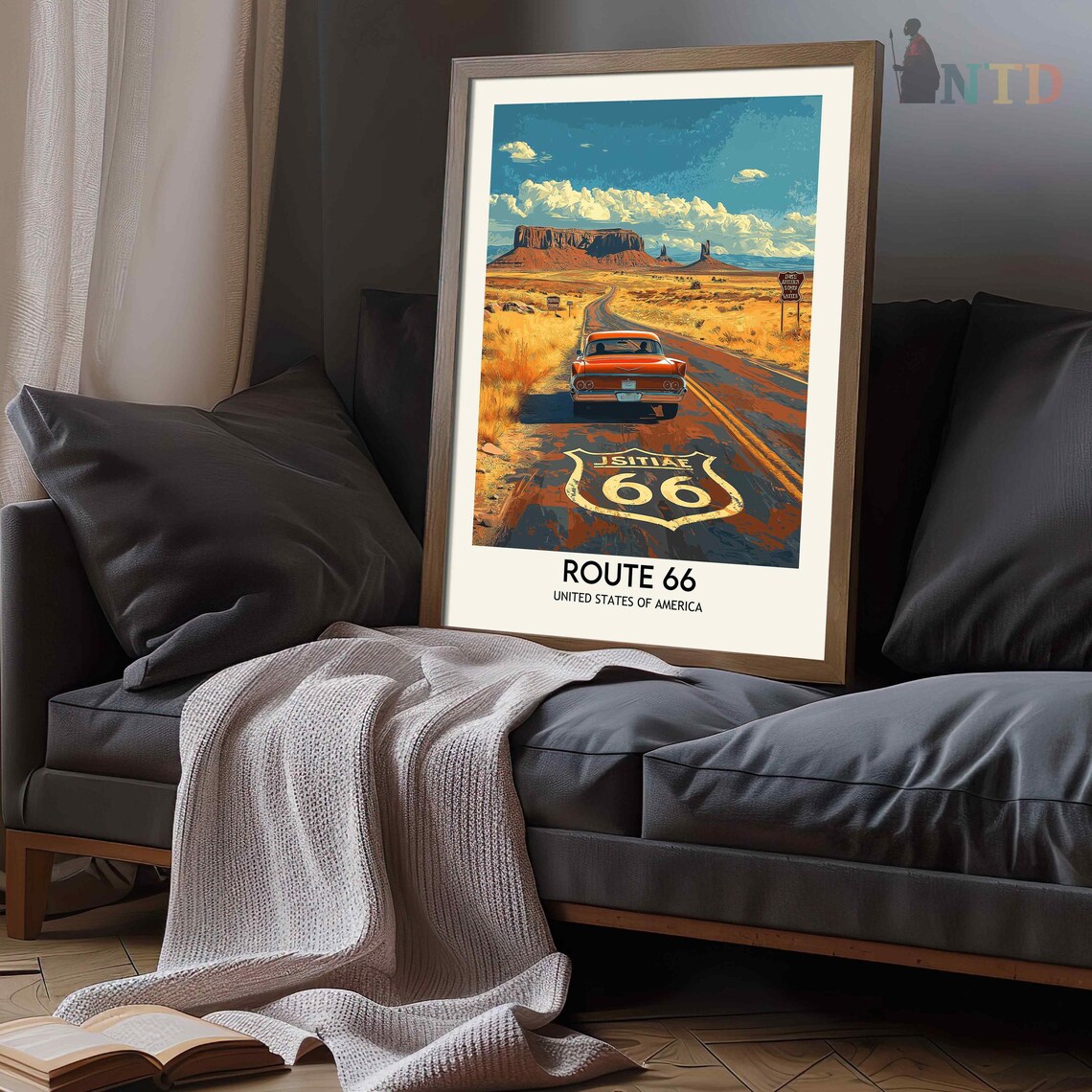 Route 66 Classic Red Car Desert Highway Americana Road Trip Poster - Image 3
