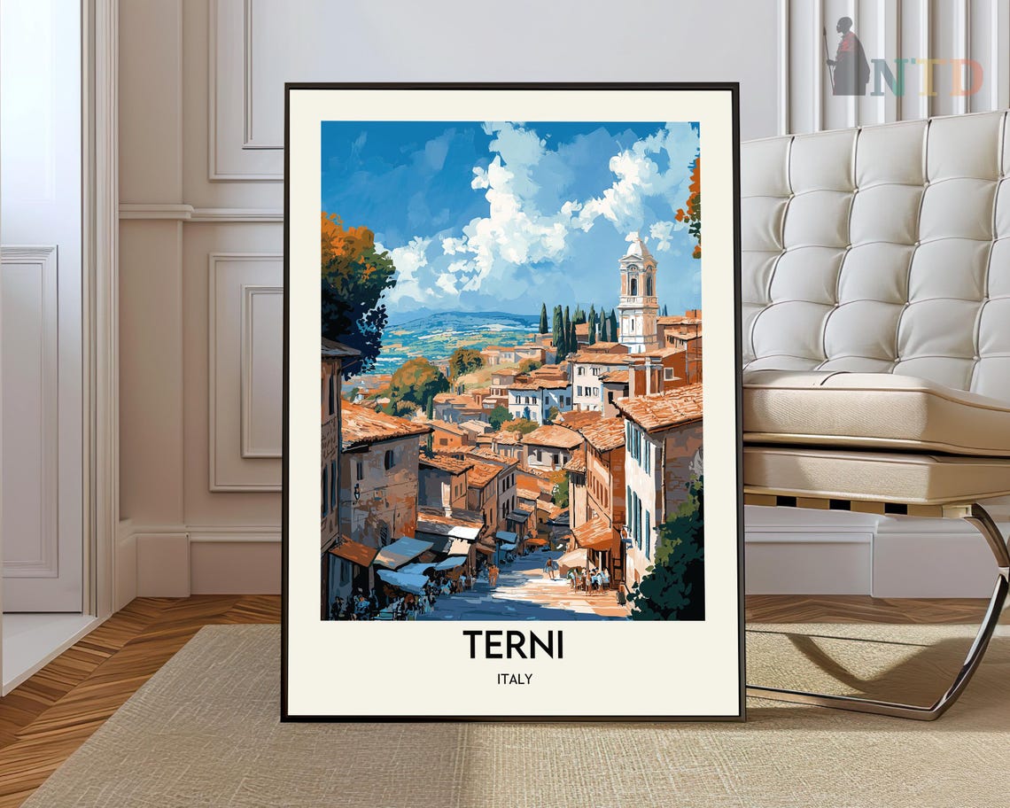 Terni Italy Bell Tower Old Town Valley Clouds Vintage Travel Poster