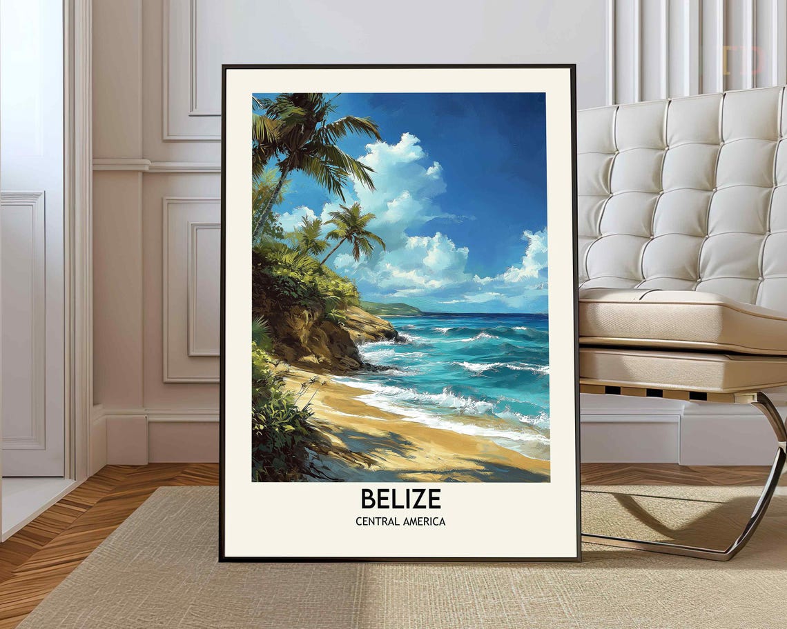 Belize Tropical Beach Palm Trees Central America Travel Poster