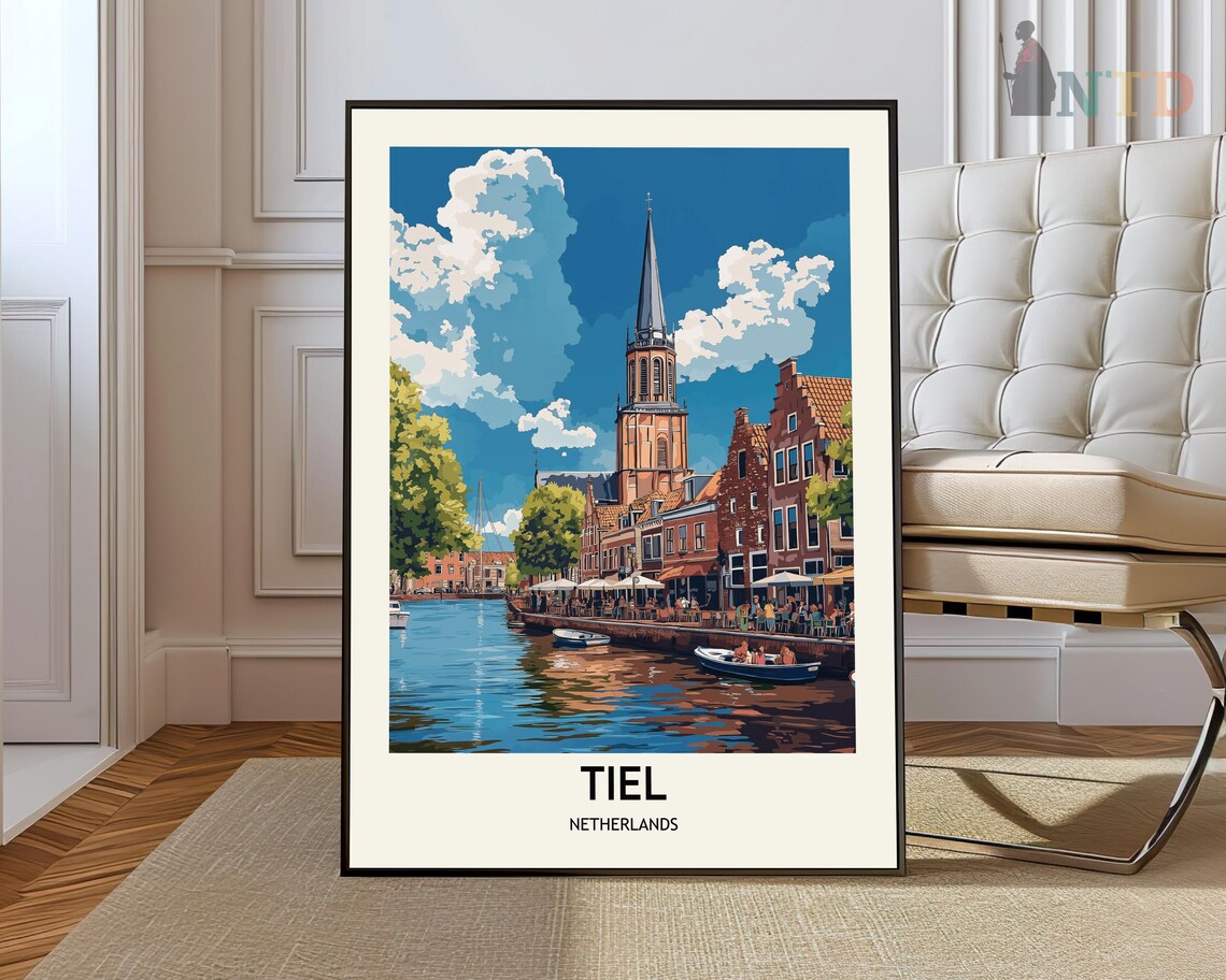 Tiel Netherlands Riverside Church Tower Vintage Travel View Poster
