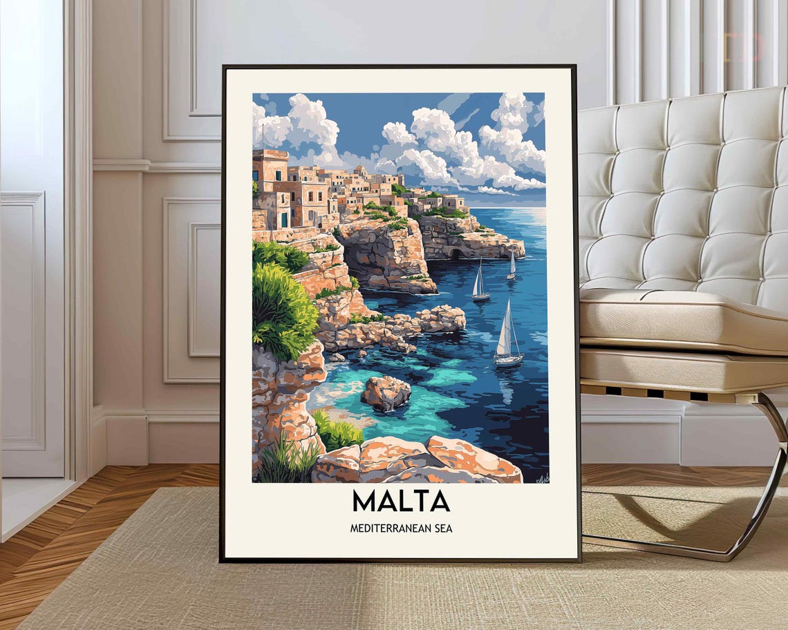 Malta Mediterranean Sea Cliffs Vintage Coastal Travel Poster