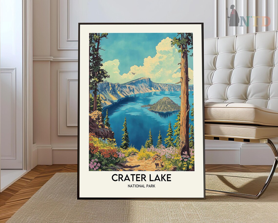 Crater Lake National Park Deep Blue Lake Vintage Travel Poster