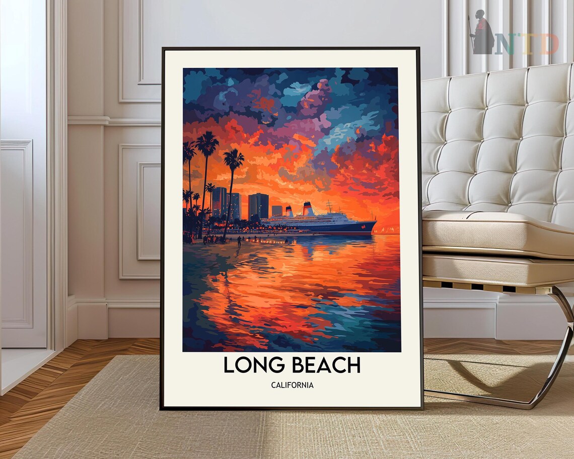 Long Beach California Sunset Harbor Ocean Liner Vintage Poster