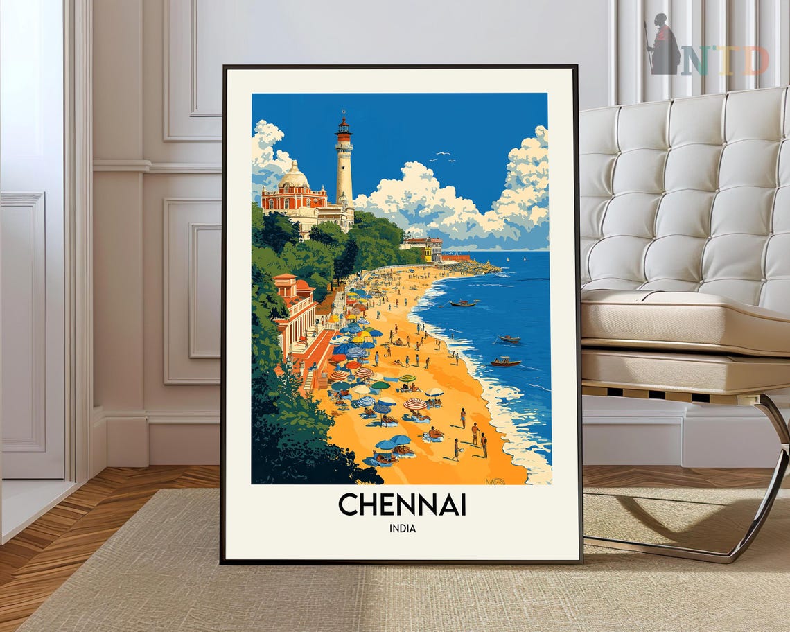 Chennai India Marina Beach Lighthouse Umbrellas Coastline Poster
