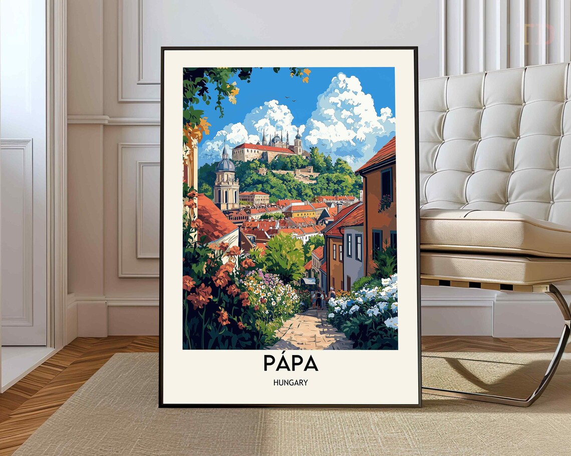 Papa Hungary Hilltop Castle Old Town Scene Europe Travel Poster