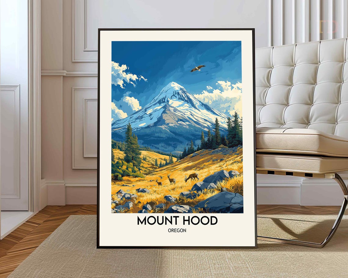 Mount Hood Oregon Snowy Volcano Deer Meadow Morning Wildlife Poster