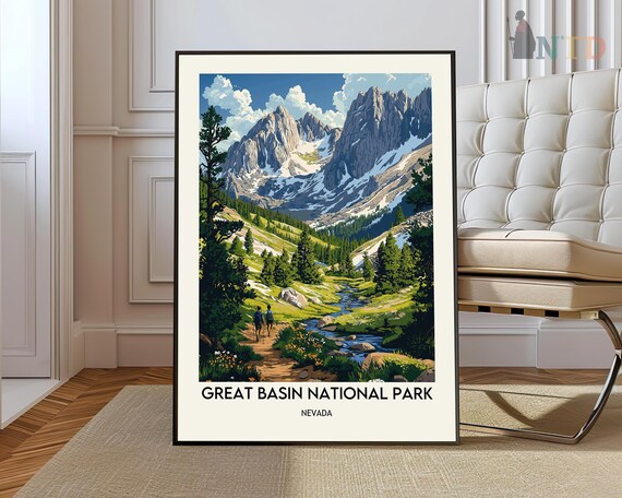 Great Basin National Park Nevada Poster with Hikers on a Mountain Trail