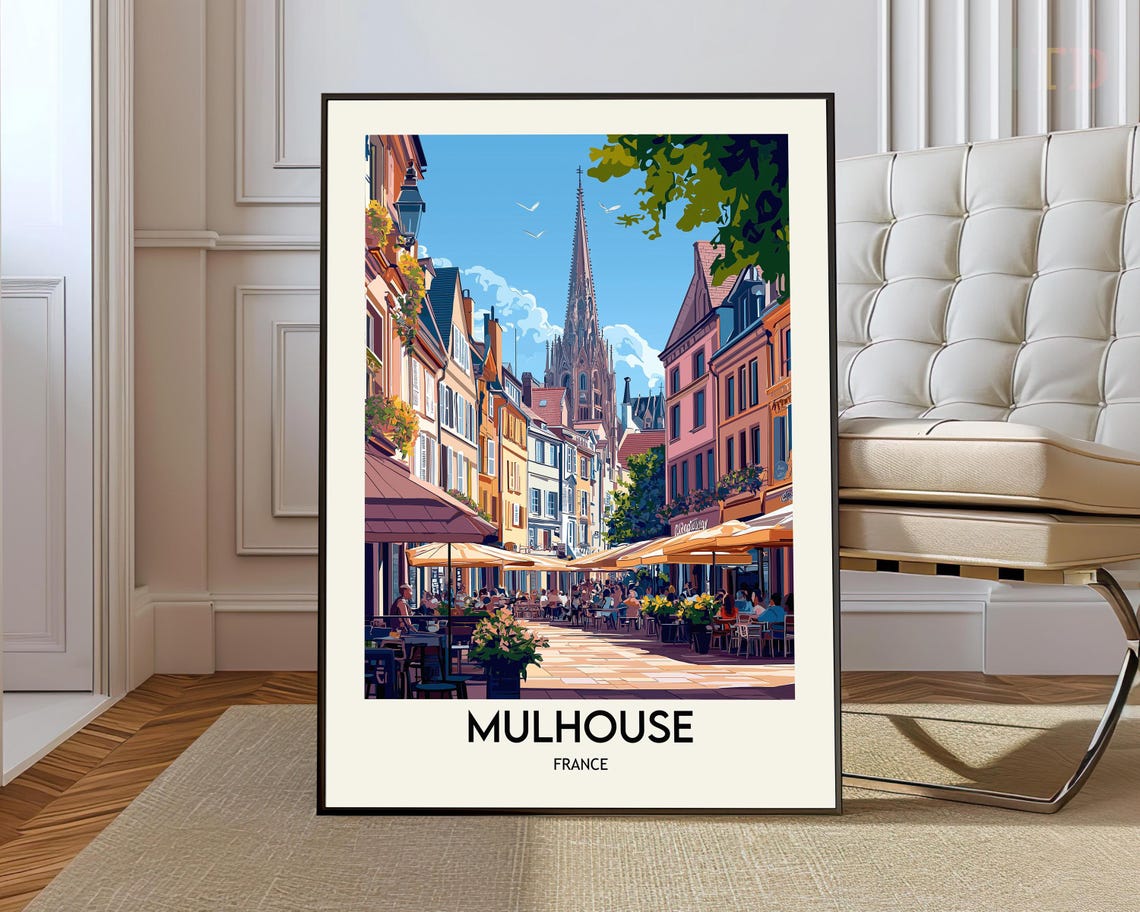 Mulhouse France Old Town Poster with Flower Boxes and Spire View