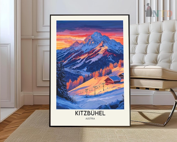 Kitzbuhel Austria Alpenglow Sunset Ski Lift Over Snowy Slopes Poster
