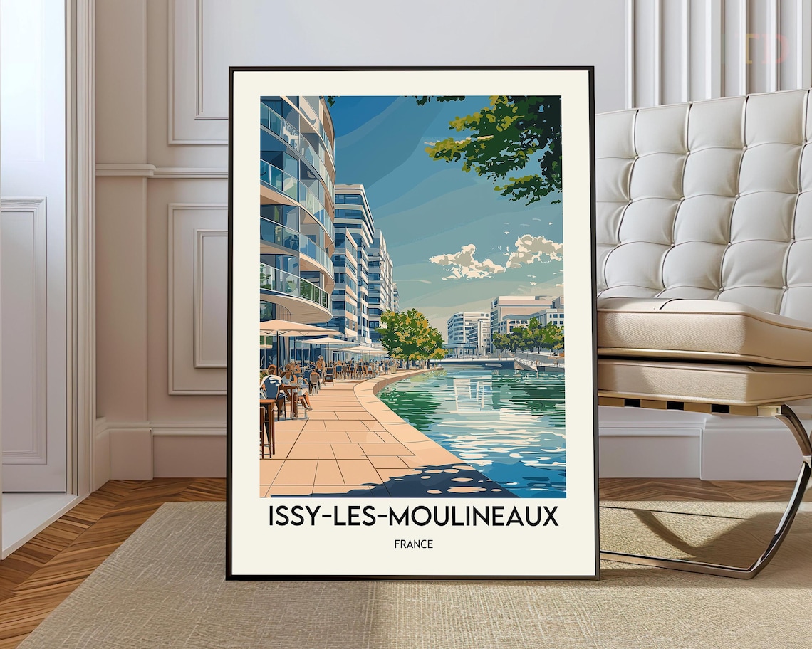 Issy-les-Moulineaux France Riverside Promenade Modern Travel Poster