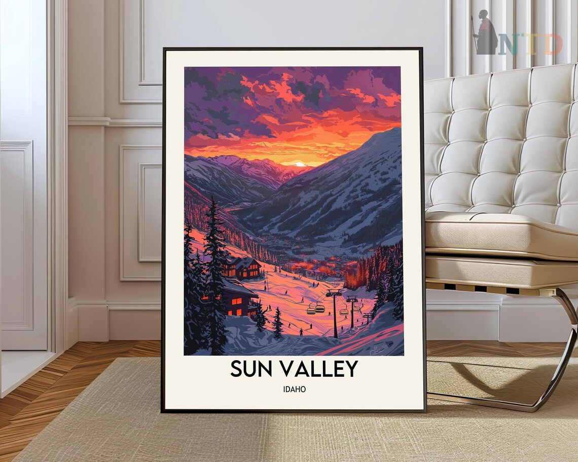 Sun Valley Idaho Ski Resort Sunset Alpine Village Winter Travel Poster