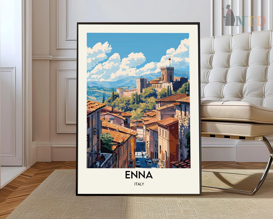 Enna Italy Hilltop Castle Medieval Town Rooftops Travel Poster