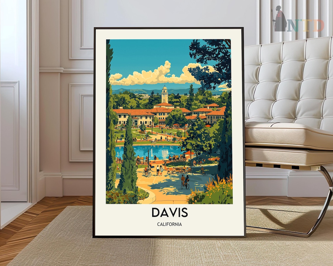 Davis California Campus Lake Cypress Trees Vintage Travel Poster