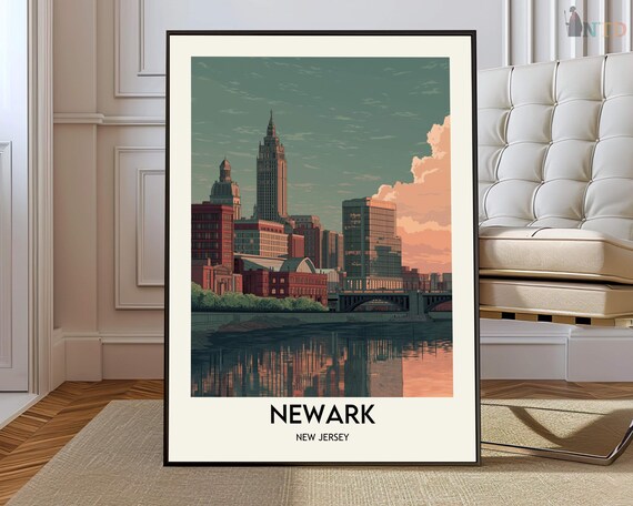 Newark New Jersey Vintage Skyline Bridge Teal Travel Art Poster