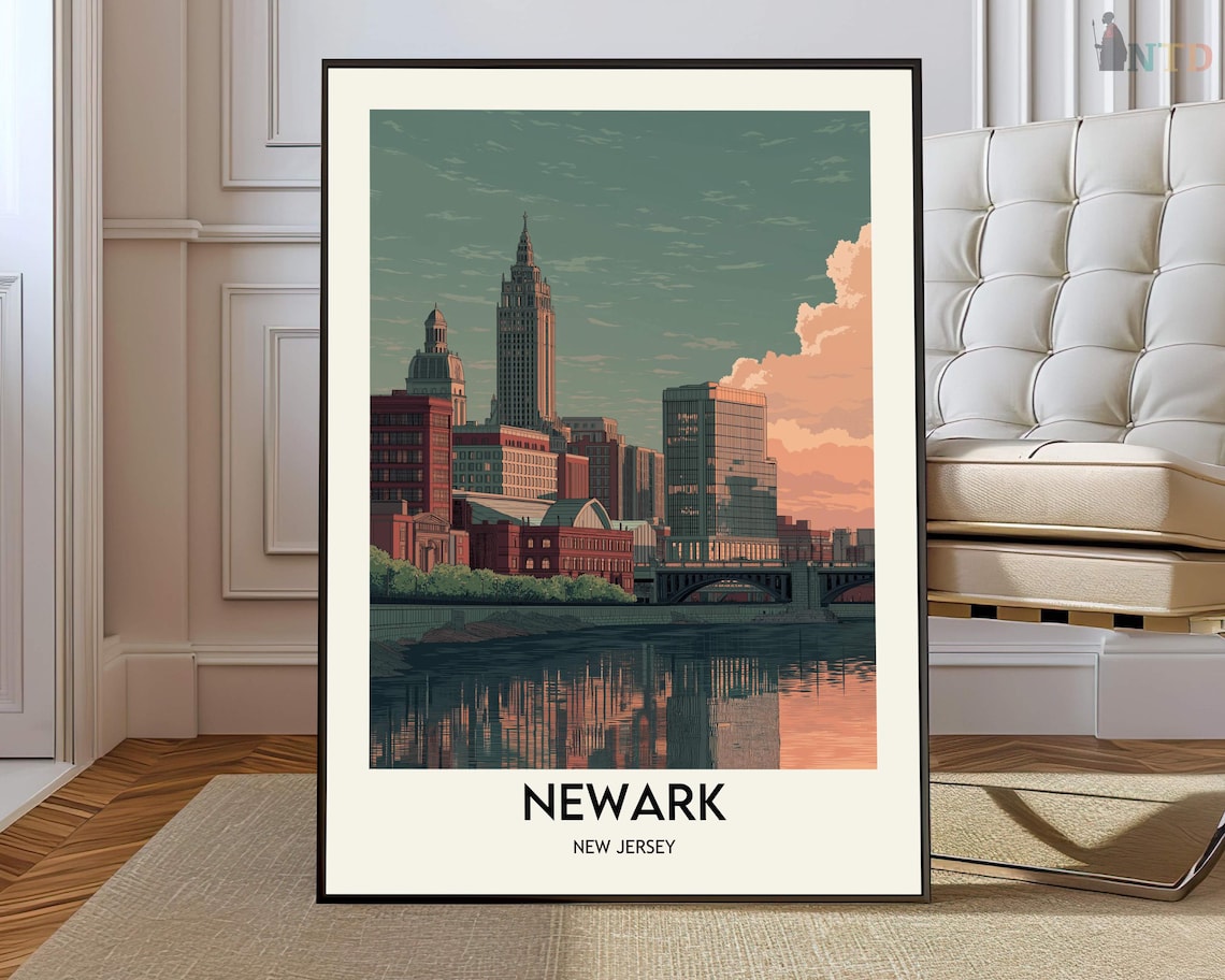 Newark New Jersey Vintage Skyline Bridge Teal Travel Art Poster