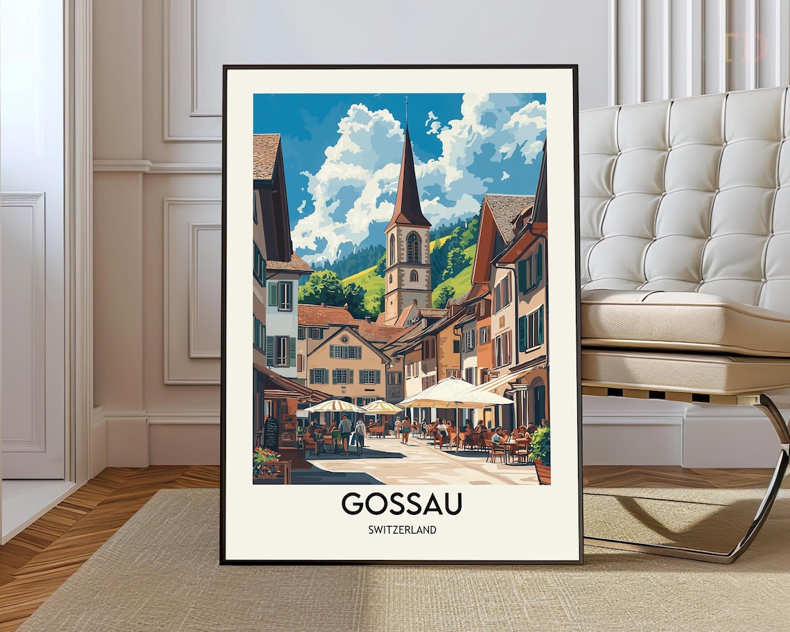 Gossau Switzerland Town Square Travel Poster With Cafes And Spire