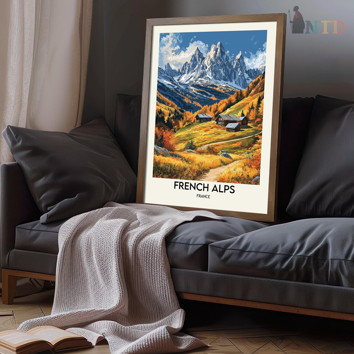 French Alps Autumn Meadow Chalets Jagged Peaks Vintage Travel Poster - Image 2