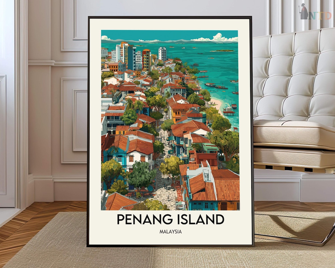 Penang Island Malaysia Daytime Coastal Town Vintage Travel Poster
