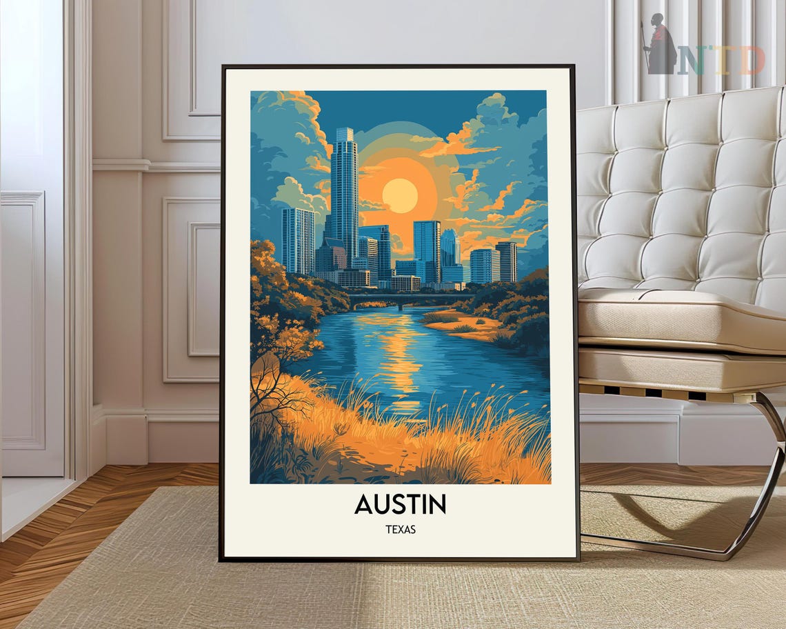 Austin Texas Skyline Over Lady Bird Lake Sunset Travel Poster