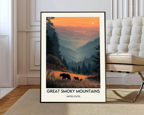 Great Smoky Mountains Sunrise Misty Peaks Bear Cubs Travel Poster