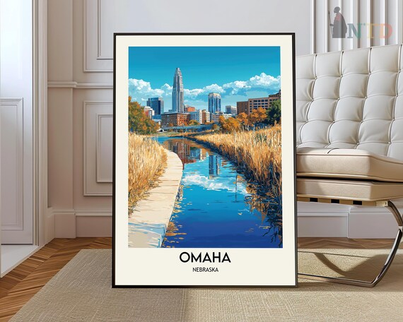 Omaha Nebraska Skyline River Reflection Downtown City Travel Poster