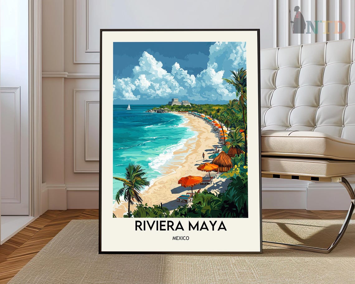 Sunny Riviera Maya Mexico Turquoise Caribbean Beach Travel Poster