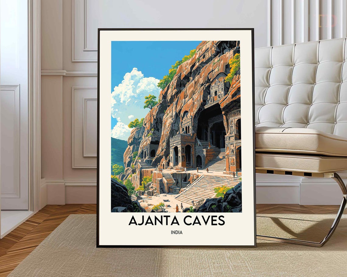 Ajanta Caves India Rock Cut Temple Landmark Travel Poster Art